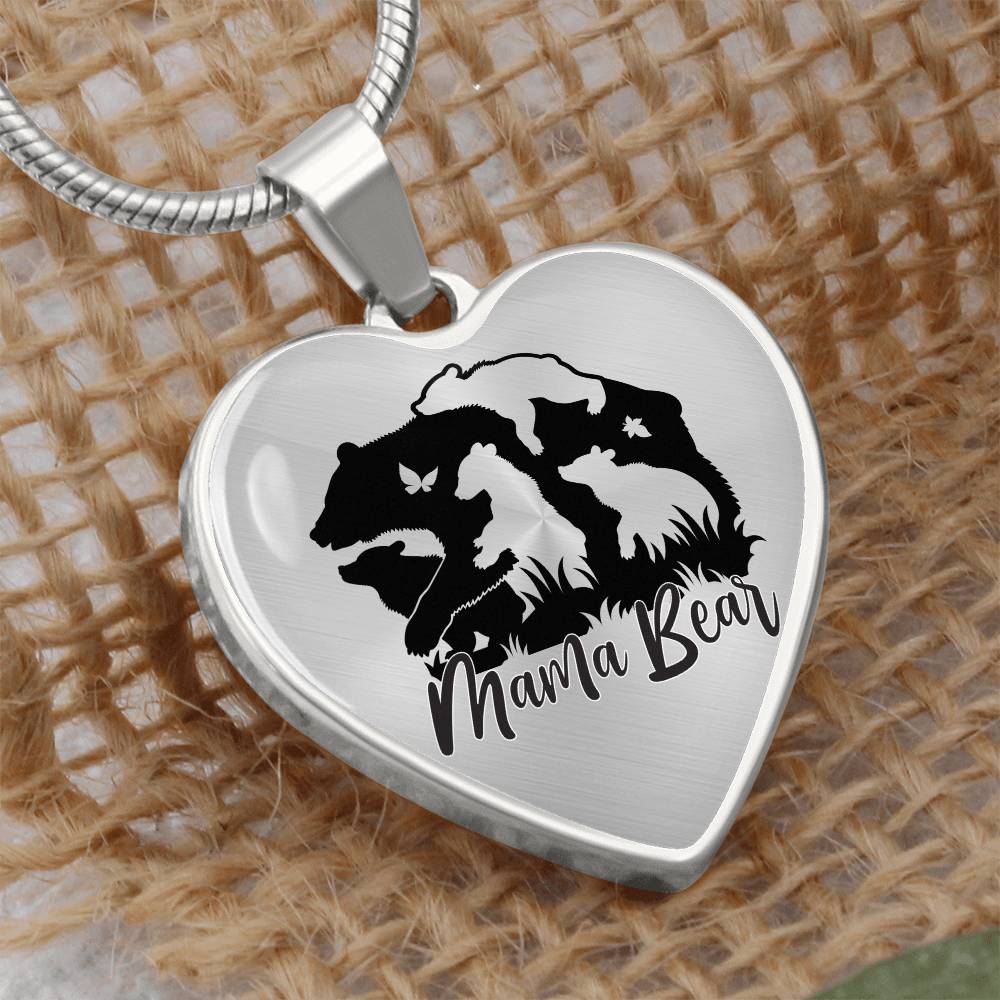 Mama Bear Heart Engraved Necklace | 4 Cubs | Personalized Engraving