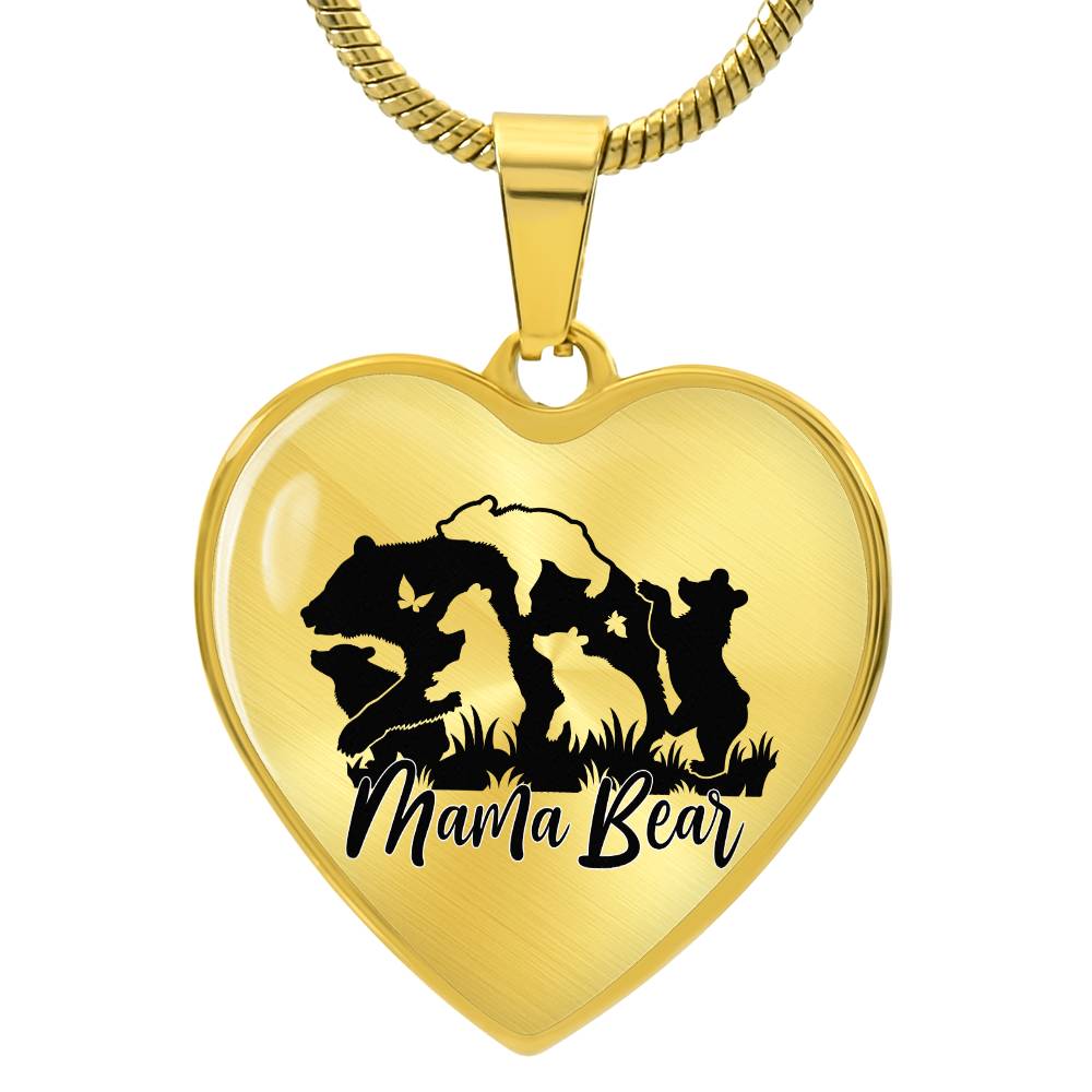 Mama Bear Heart Engraved Necklace | 5 Cubs | Personalized Engraving