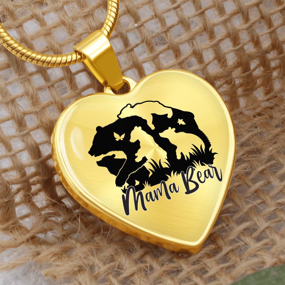 Mama Bear Heart Engraved Necklace | 4 Cubs | Personalized Engraving