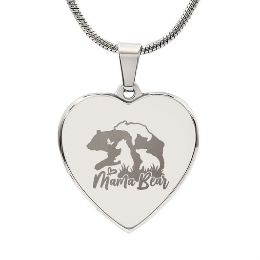 Mama Bear Heart Engraved Necklace | 3 Cubs | Personalized Engraving