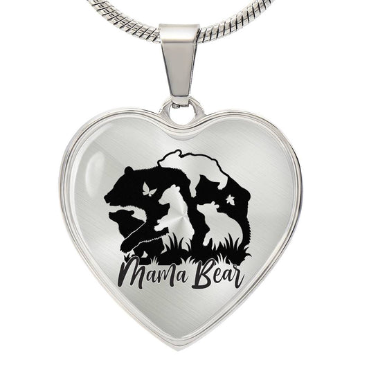 Mama Bear Heart Engraved Necklace | 4 Cubs | Personalized Engraving