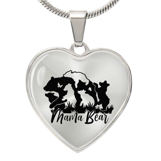 Mama Bear Heart Engraved Necklace | 5 Cubs | Personalized Engraving