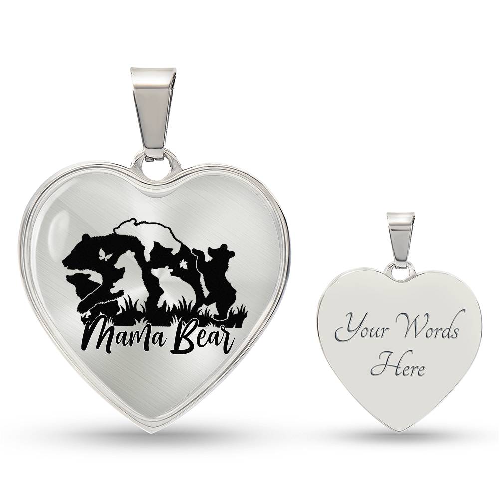 Mama Bear Heart Engraved Necklace | 5 Cubs | Personalized Engraving