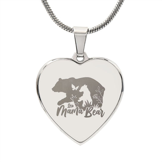 Mama Bear Heart Engraved Necklace | 1 Cub | Personalized Engraving