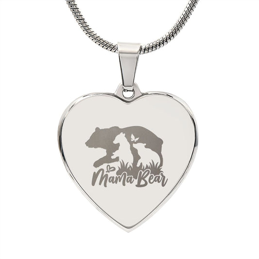 Mama Bear Heart Engraved Necklace | 2 Cubs | Personalized Engraving